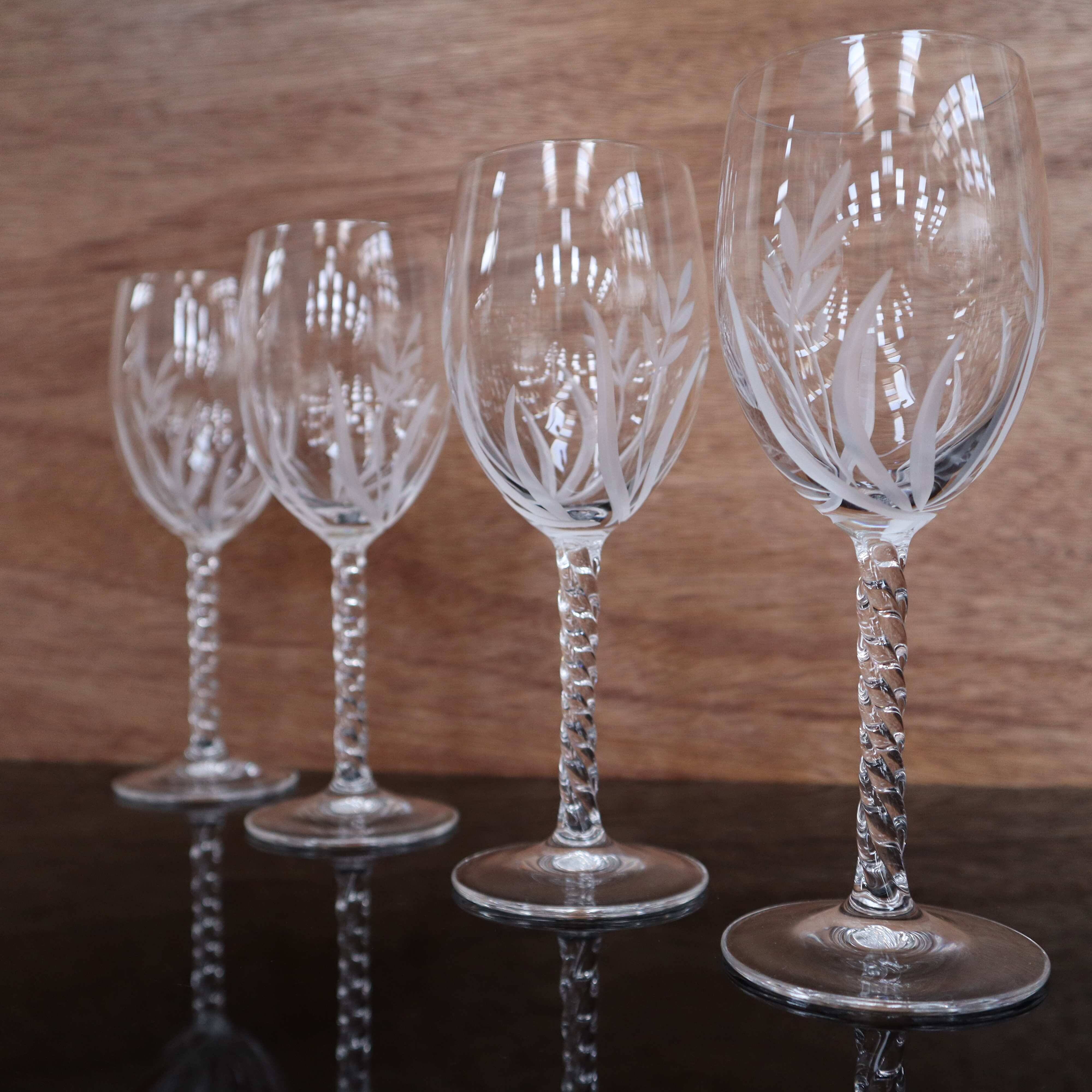 Set of 4 Vintage Engraved Crystal White Wine Glasses
