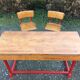 Vintage children's desk 2 places wood and metal with its 2 chairs.