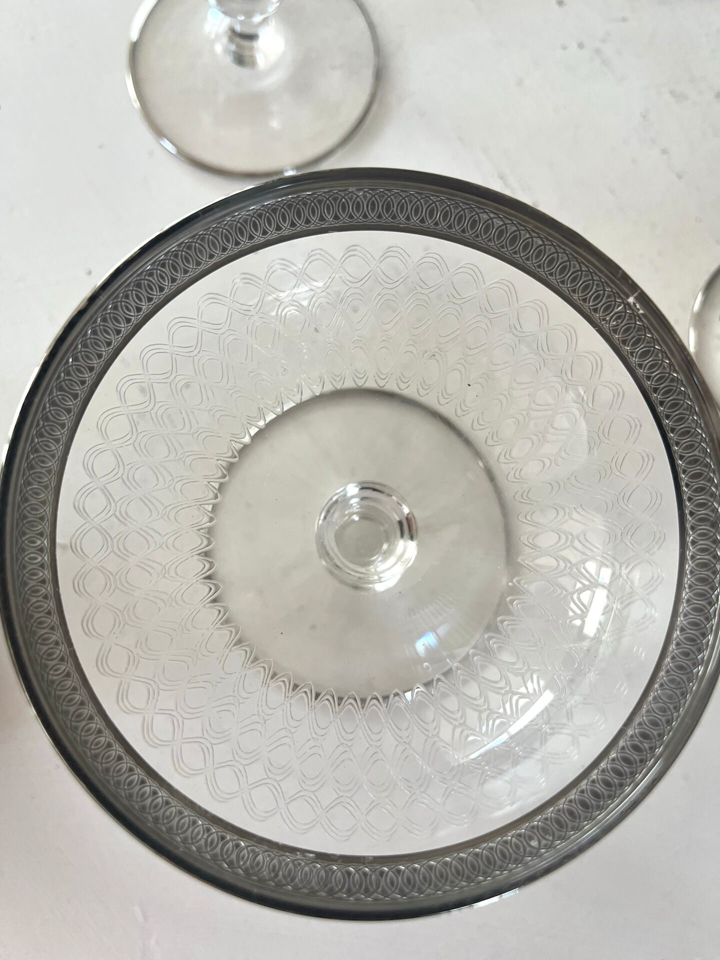 Etched silver rim cocktail coupe glasses set mid century barware