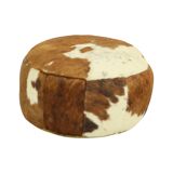 Low Round Vintage Pouf Cowhide Leather Sixties