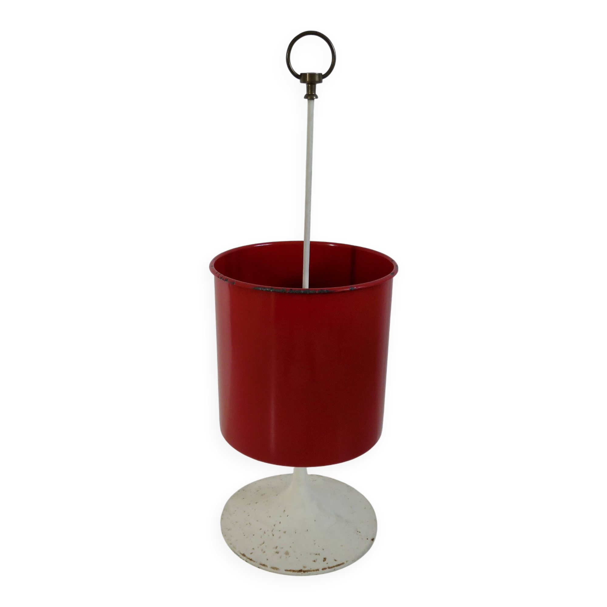 Porte parapluies, pied tulipe, tôle émaillée et laiton, 1950