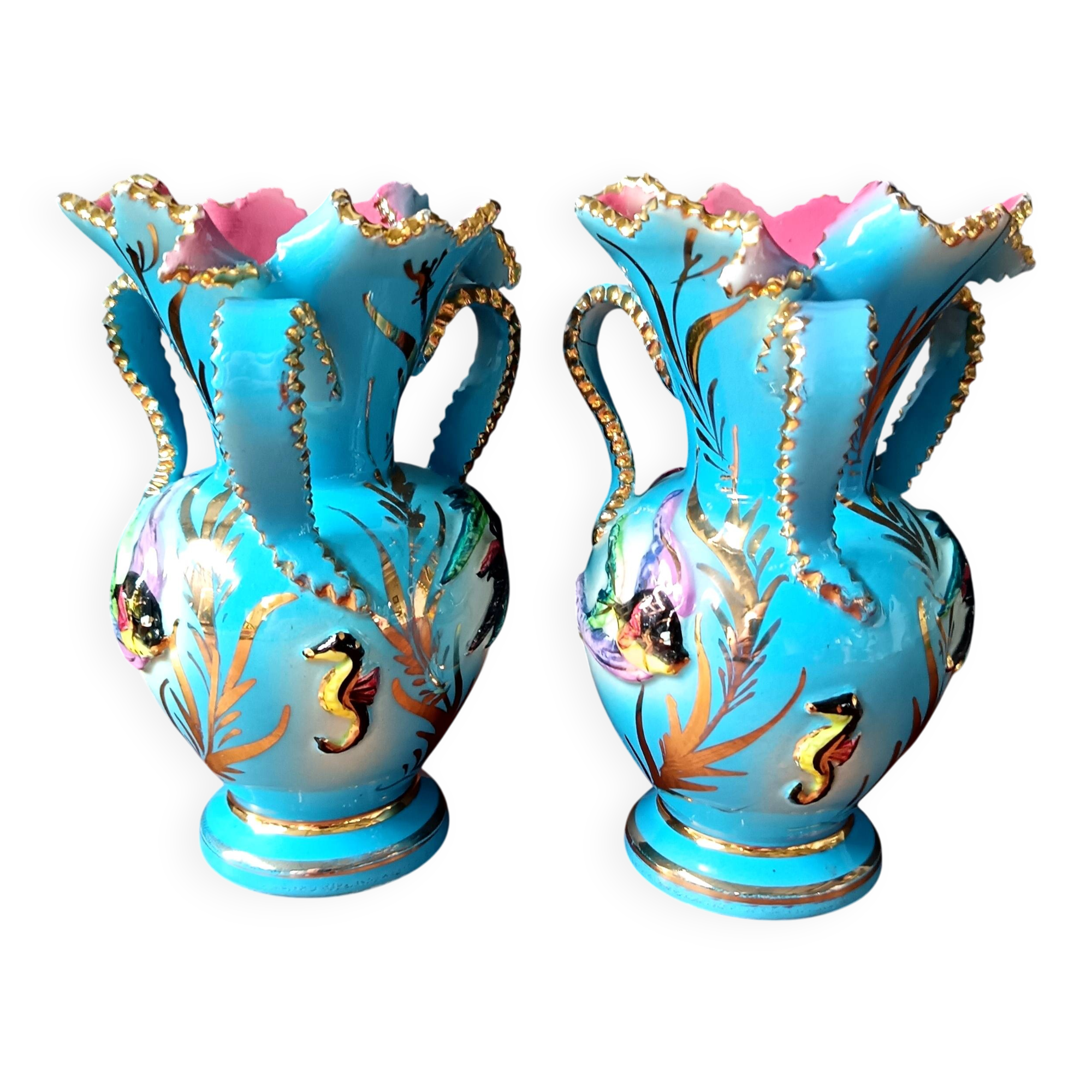 Pair of vintage blue pink ceramic VASES Ceroc Monaco