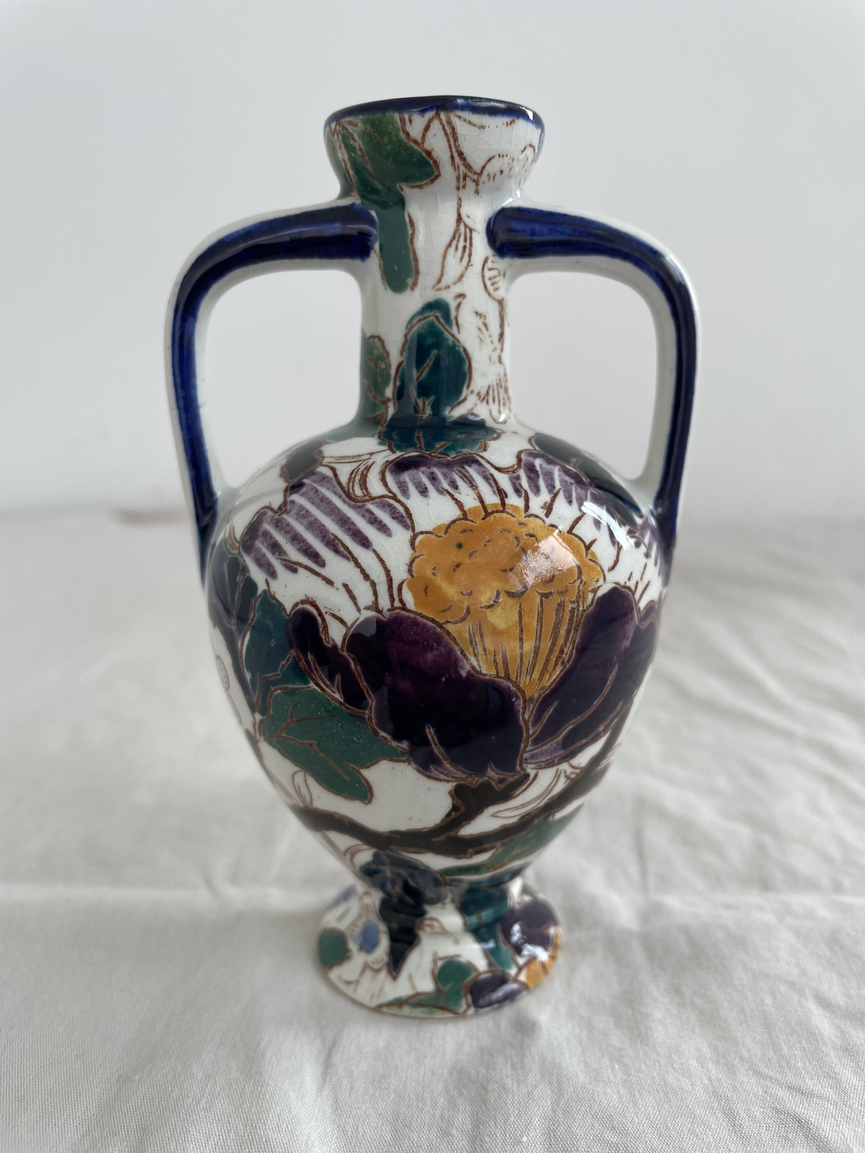 Gien earthenware vase, Peony model, vintage, polychrome floral decoration