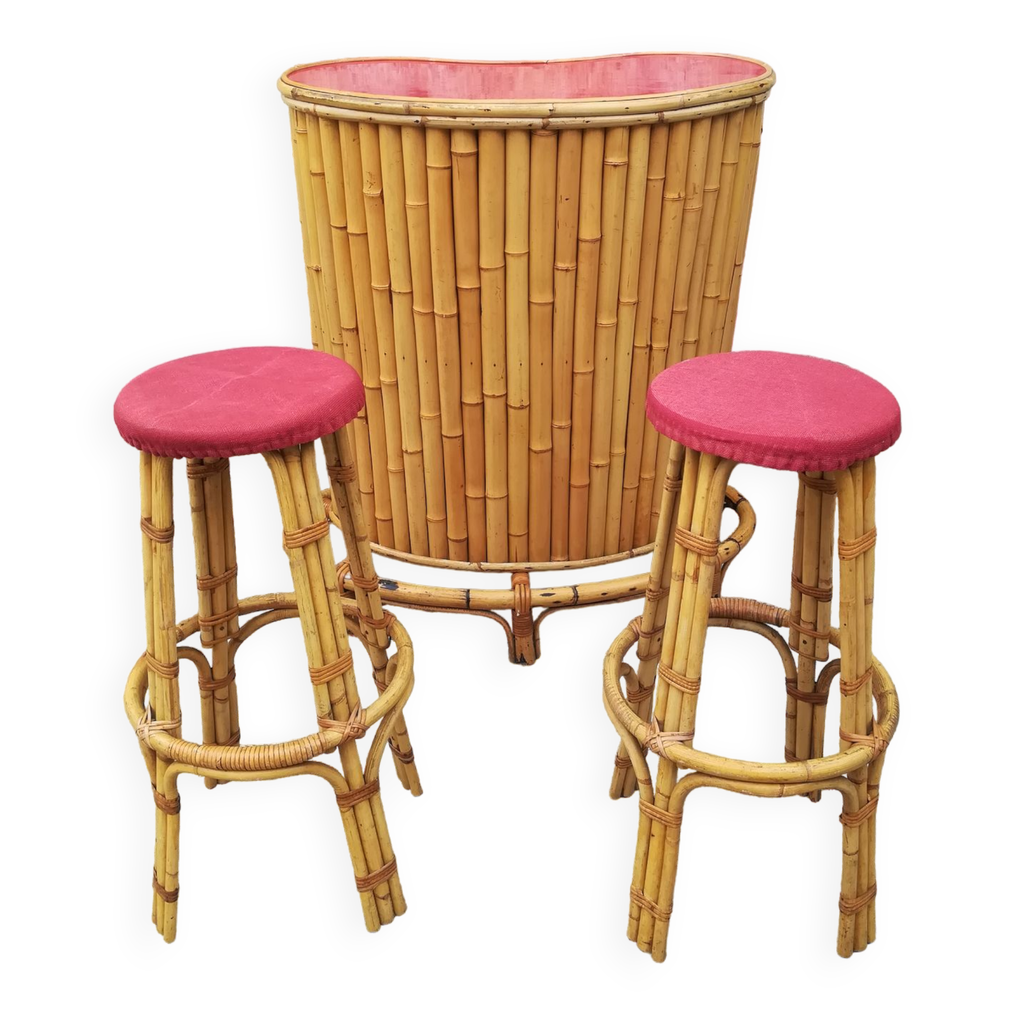 Bamboo tiki bar and two stools