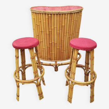 Bamboo tiki bar and two stools