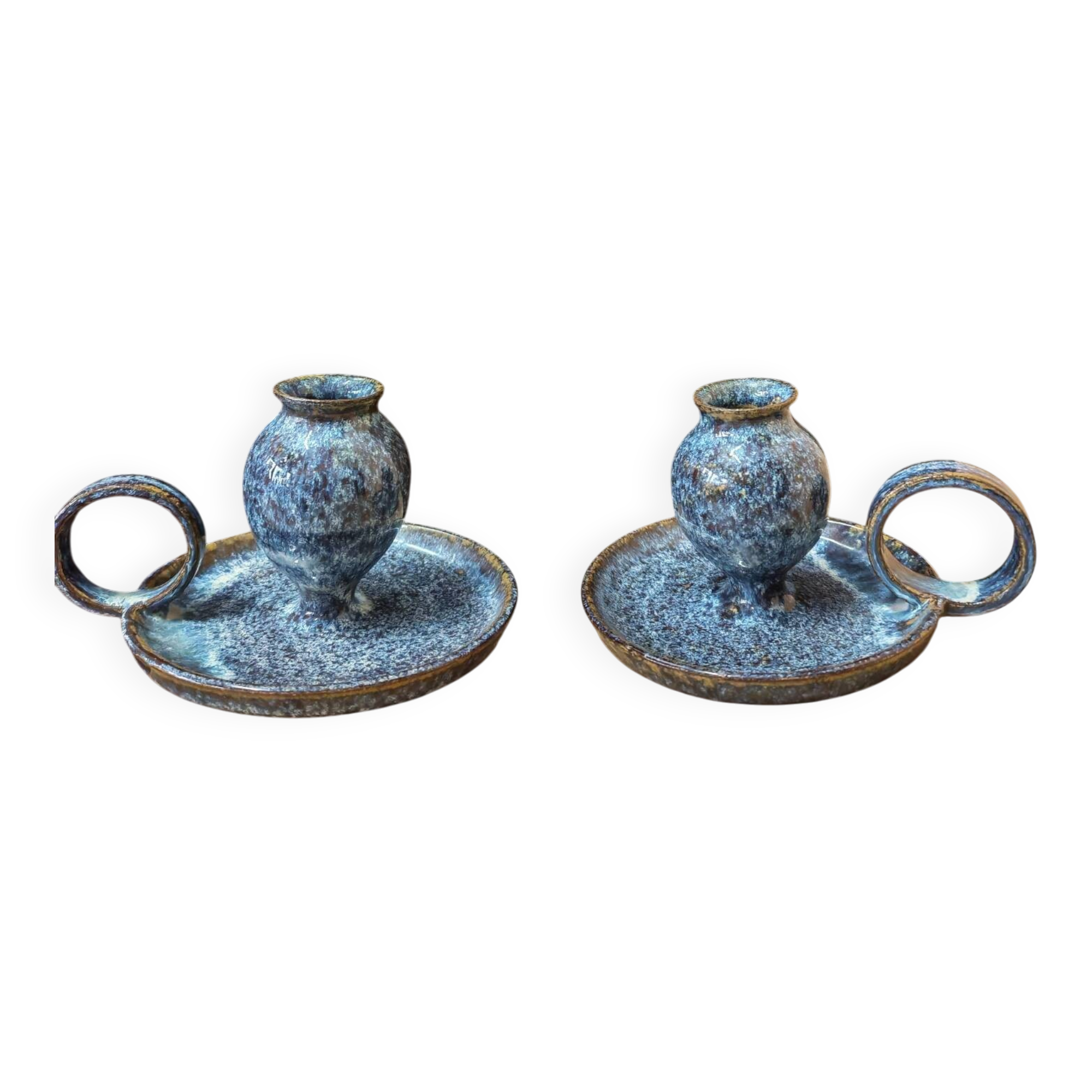 Pair of speckled glazed ceramic candle holders rat of the cellar