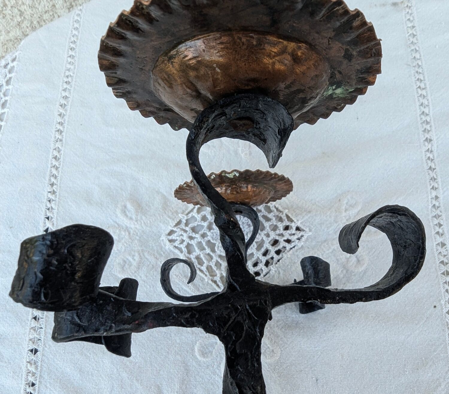 Brutalist Antique Wrought Iron Chandelier Floral Naturalist Candle Holder