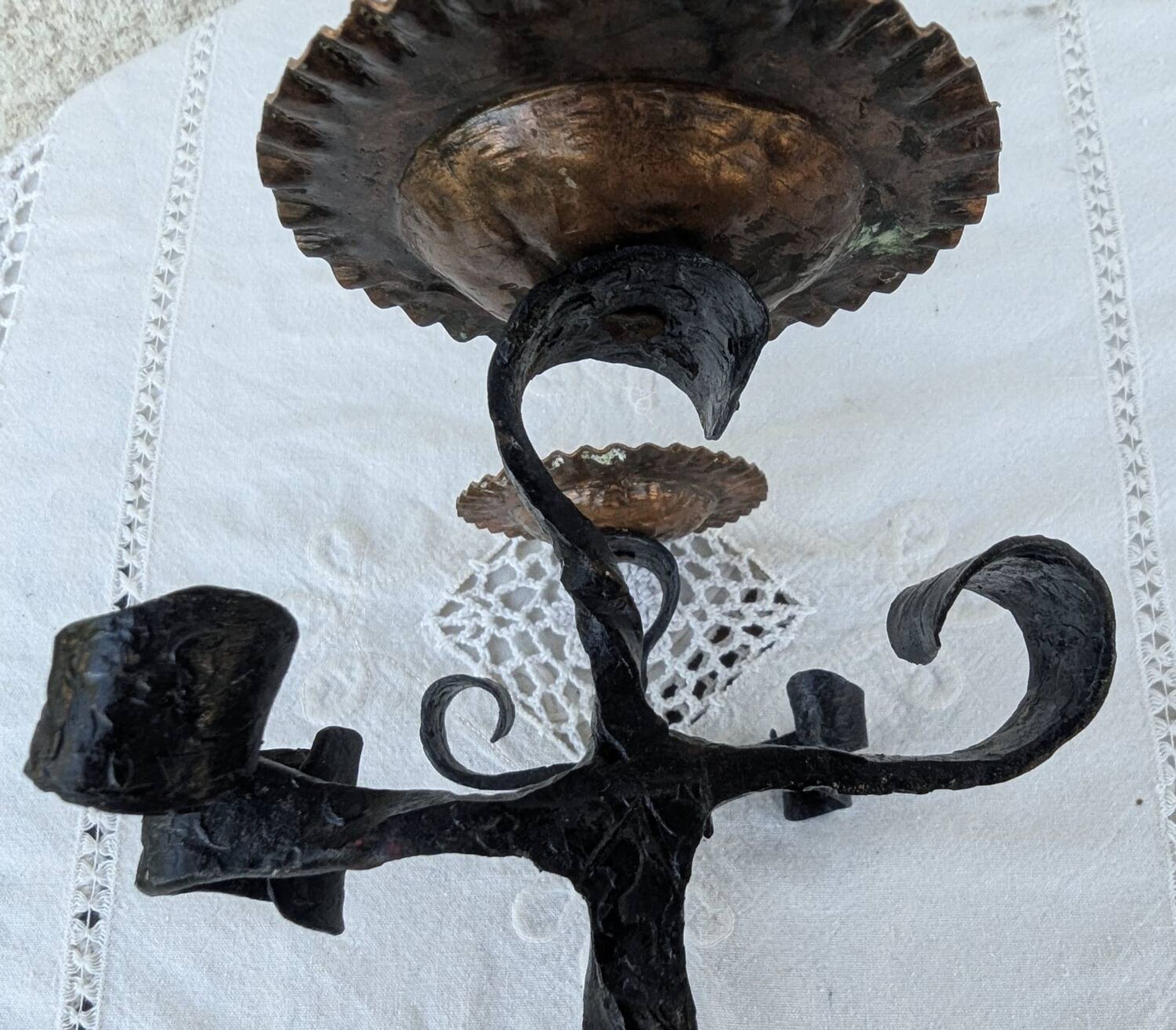Brutalist Antique Wrought Iron Chandelier Floral Naturalist Candle Holder