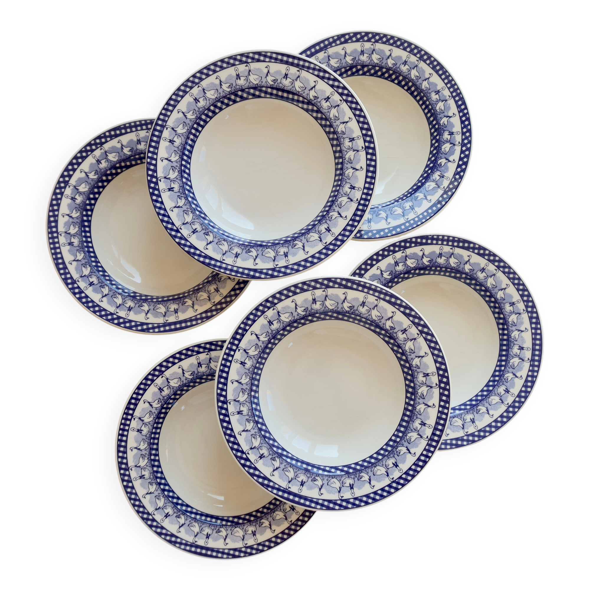 6 vintage deep plates with blue goose vichy decor