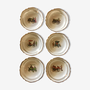 6 small hollow plates in white porcelain pattern vintage cars