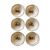 6 small hollow plates in white porcelain pattern vintage cars