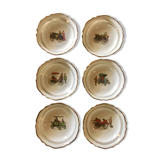 6 small hollow plates in white porcelain pattern vintage cars