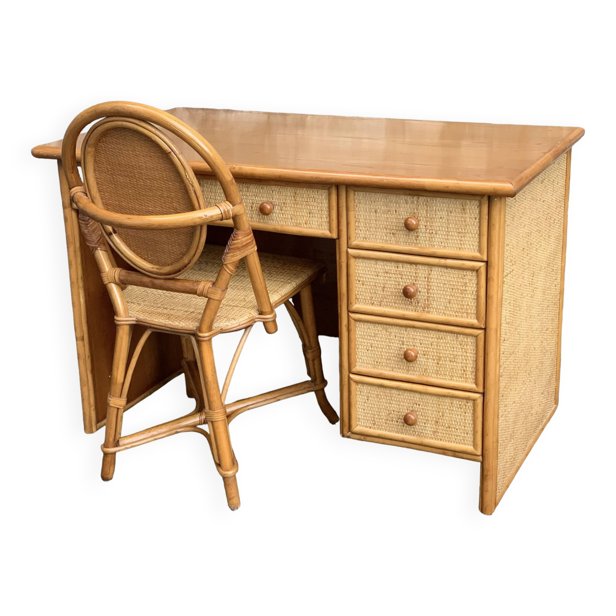 Vintage rattan and woven wicker desk 1970