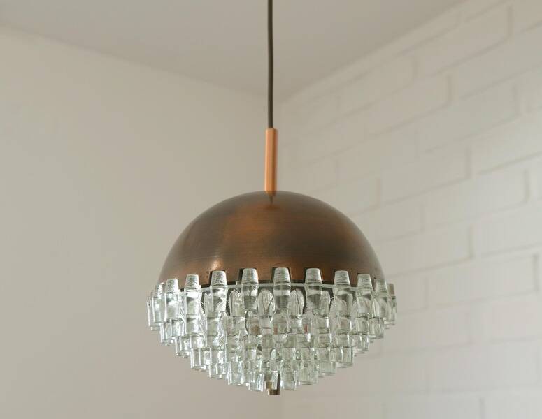 1/4 Vintage glass pendant light / brutalist copper bar lamps  MCM 1970s