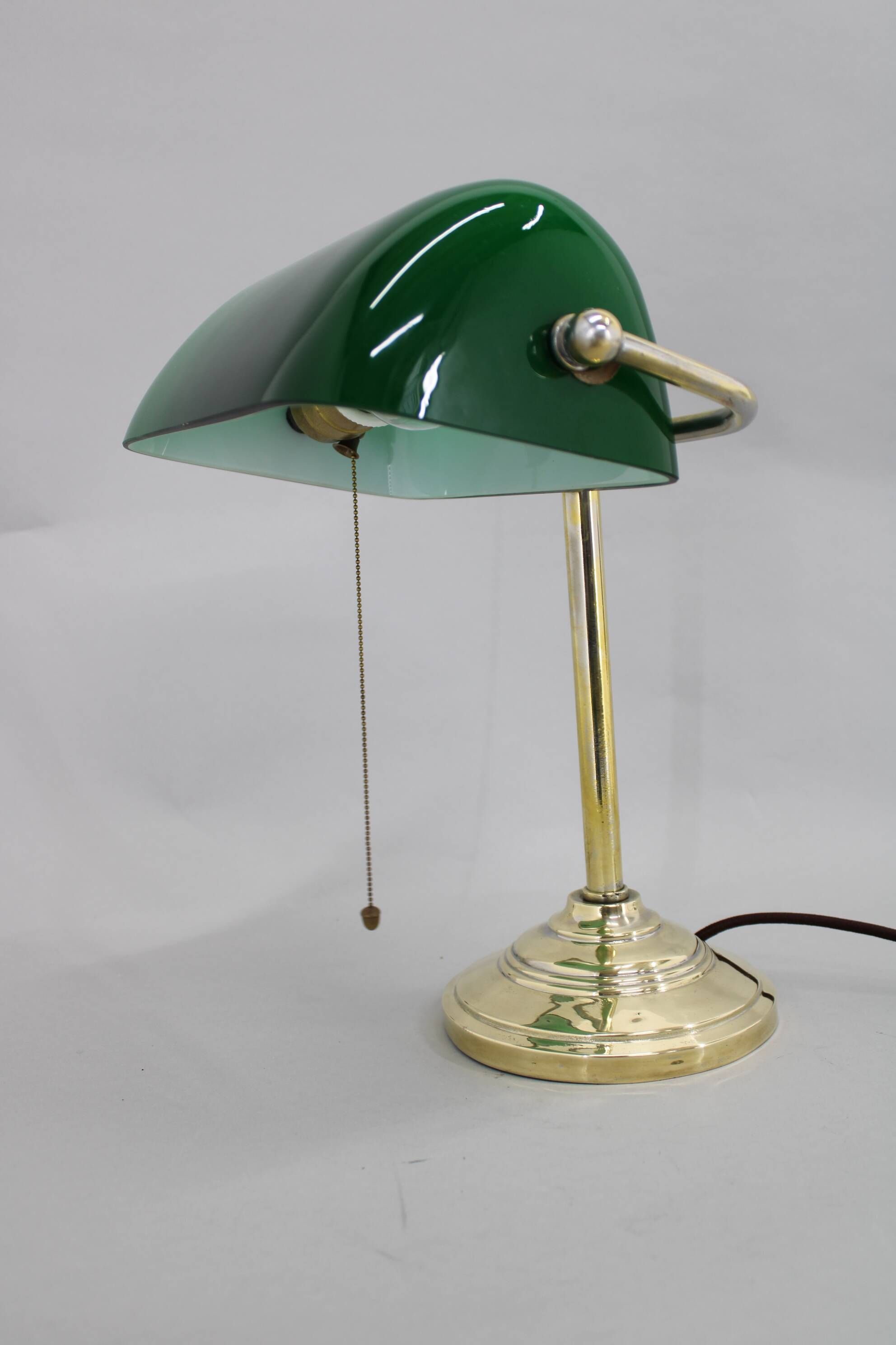 1930s Art Deco Brass  Banker Table Lamp with Glass Shade, Czechoslovakia