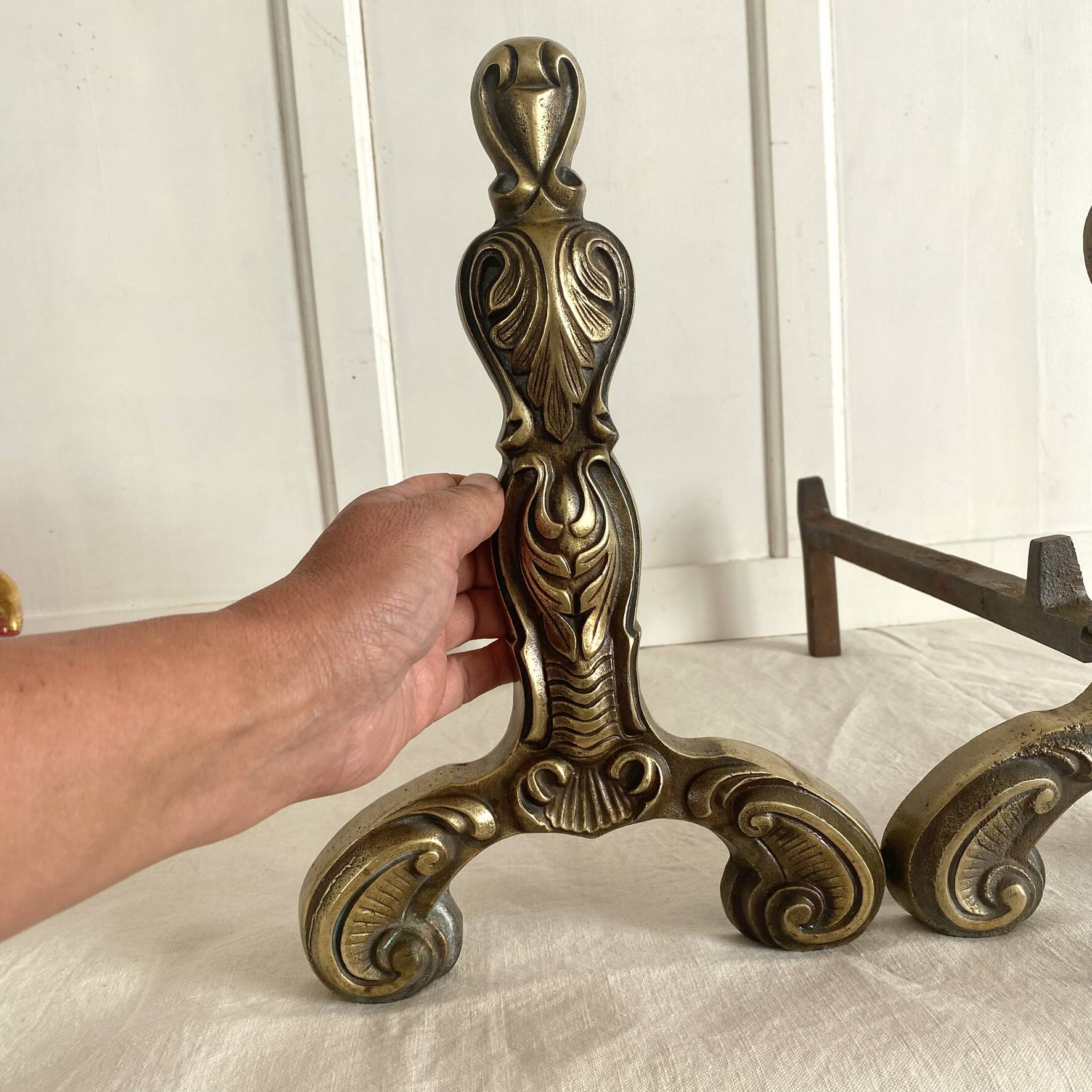 Pair of brass and cast iron fire dogs