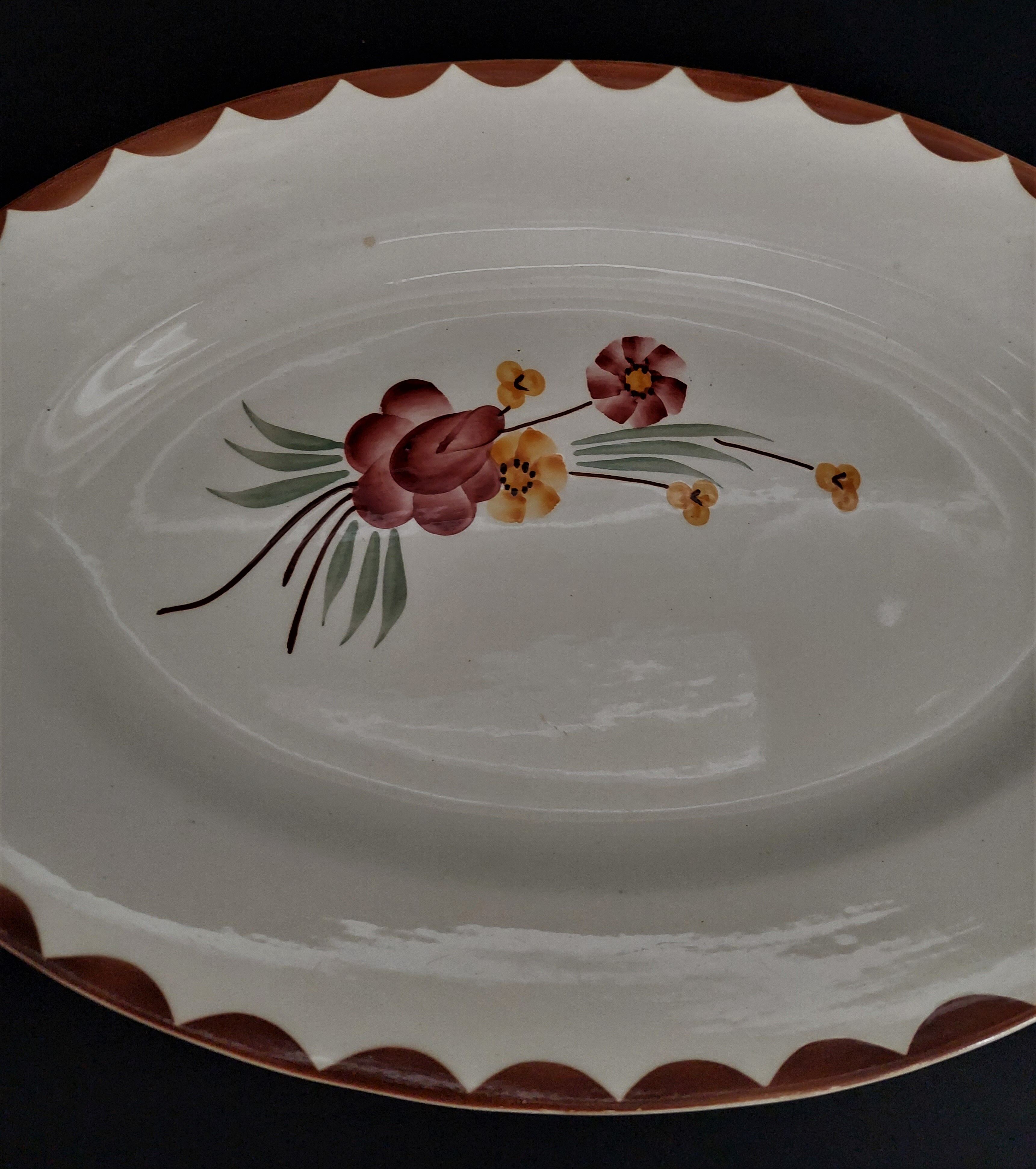 Oval earthenware serving dish HBCM Creil Montereau décor Huguette early twentieth century