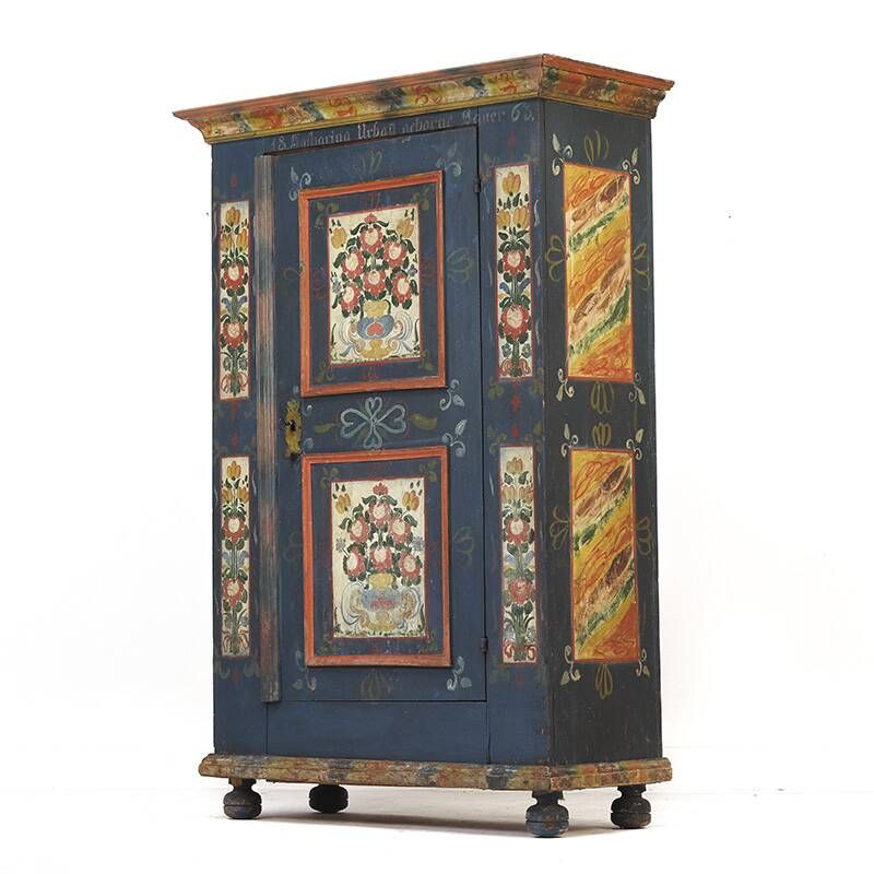 Cabinet de mariée en folk art peint antique de ferme rustique 1863
