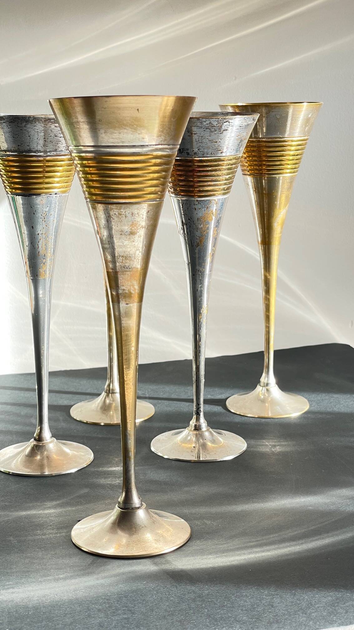 6 Vintage Silver-Plated Brass Champagne Flutes