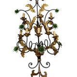 Extra Large Italian Tole Wall Light Sconce with Murano Glass Flowers