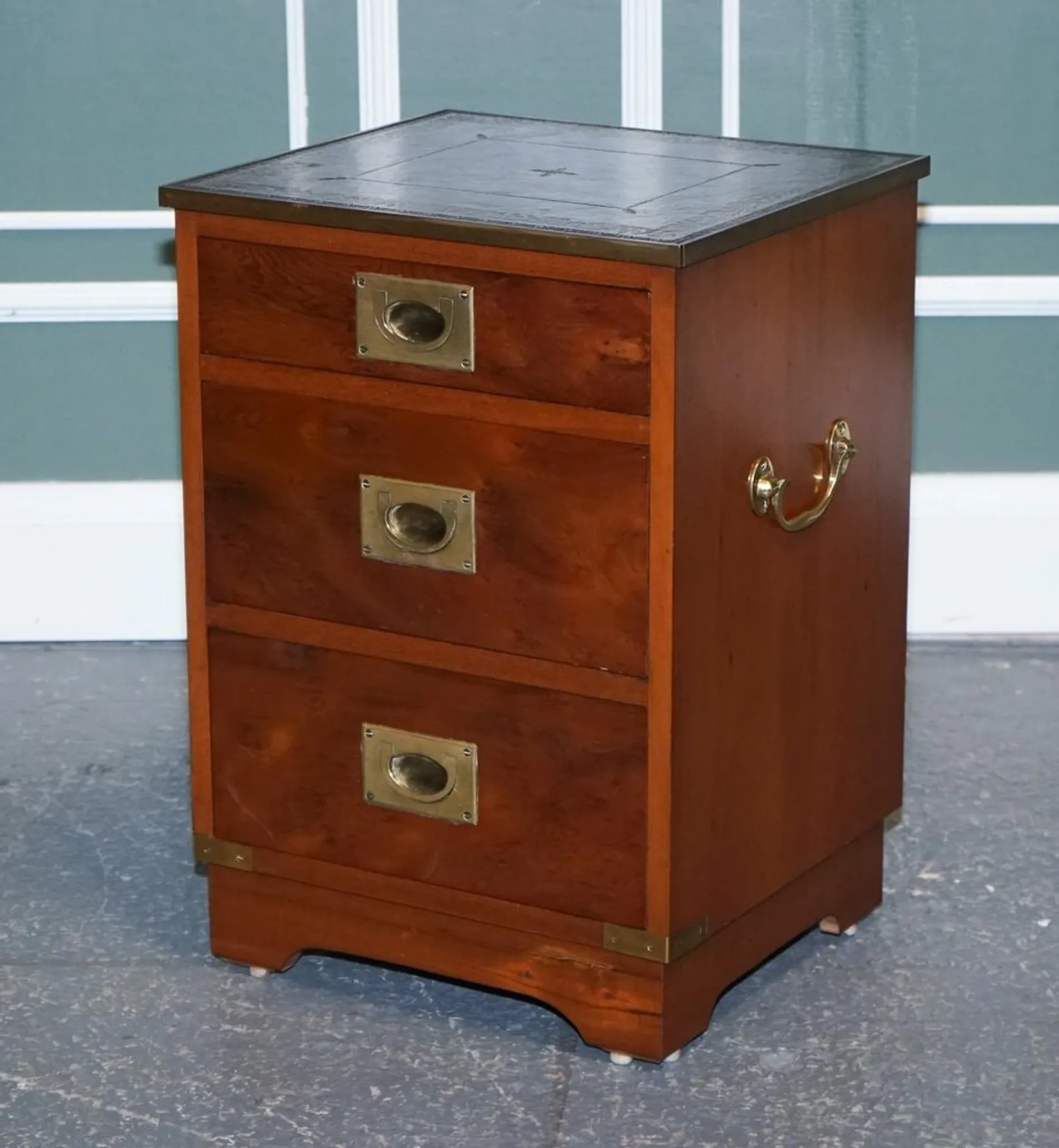 Yew Wood Nightstand Military Campaign with Green Leather Top