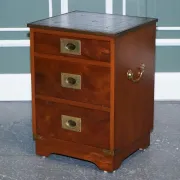 Yew Wood Nightstand Military Campaign with Green Leather Top