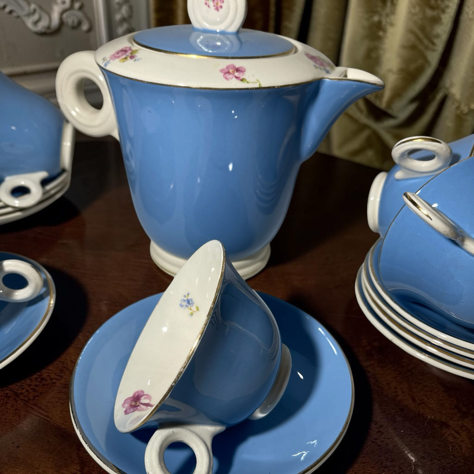 Service à café vintage Digoin Sarreguemines – 9 personnes – Bleu & fle