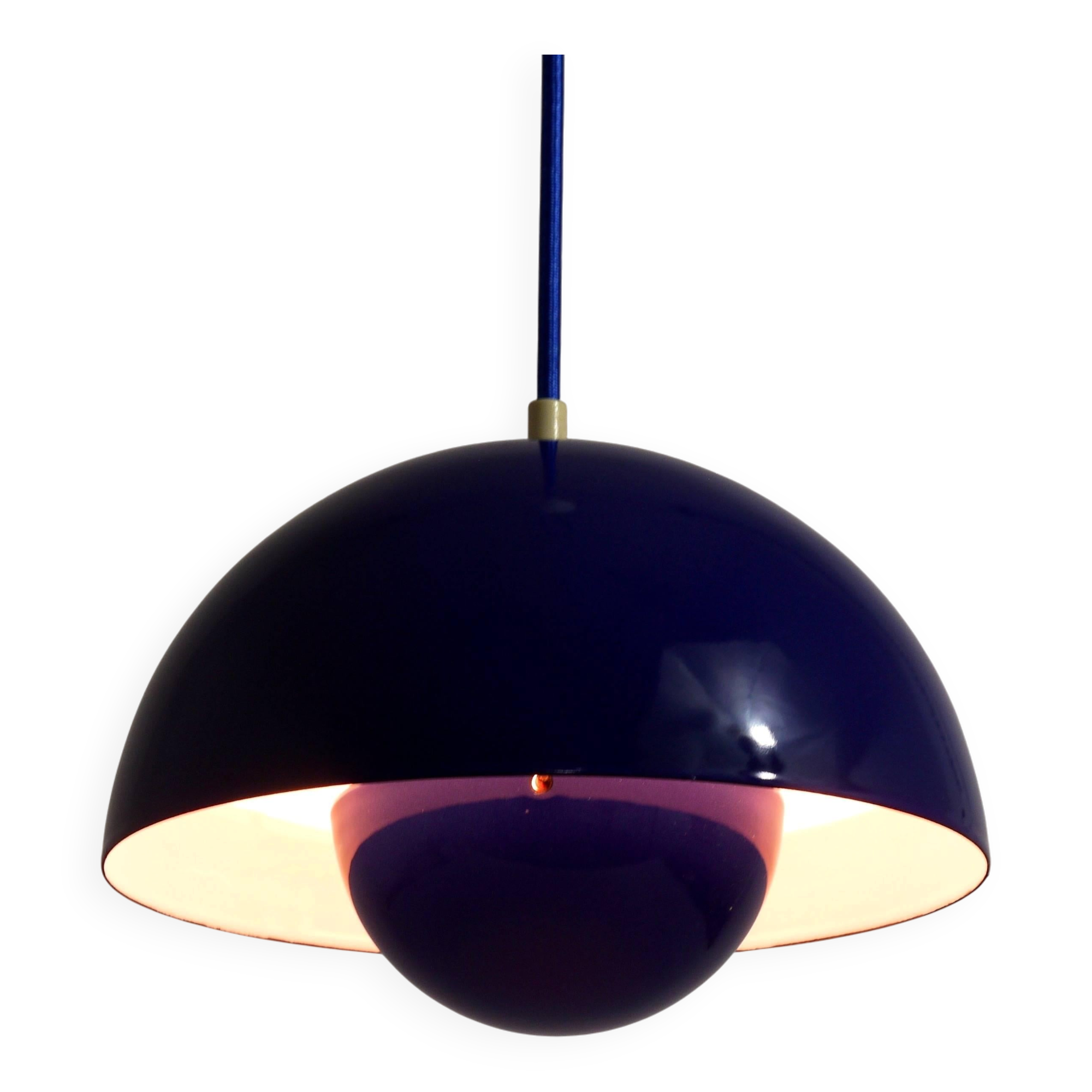 Blue enamelled suspension flowerpot by Verner Panton for Louis Poulsen, Denmark, 1969.