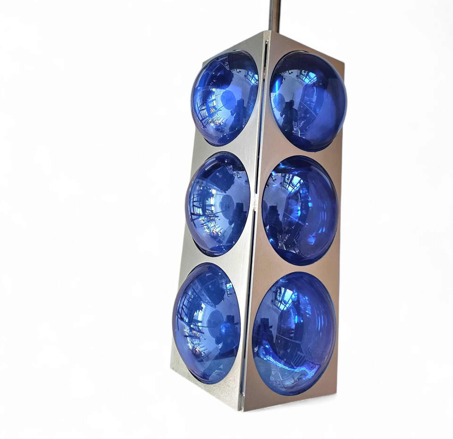 Blue glass / chrome hanging light / 1980s / Temde Swiss