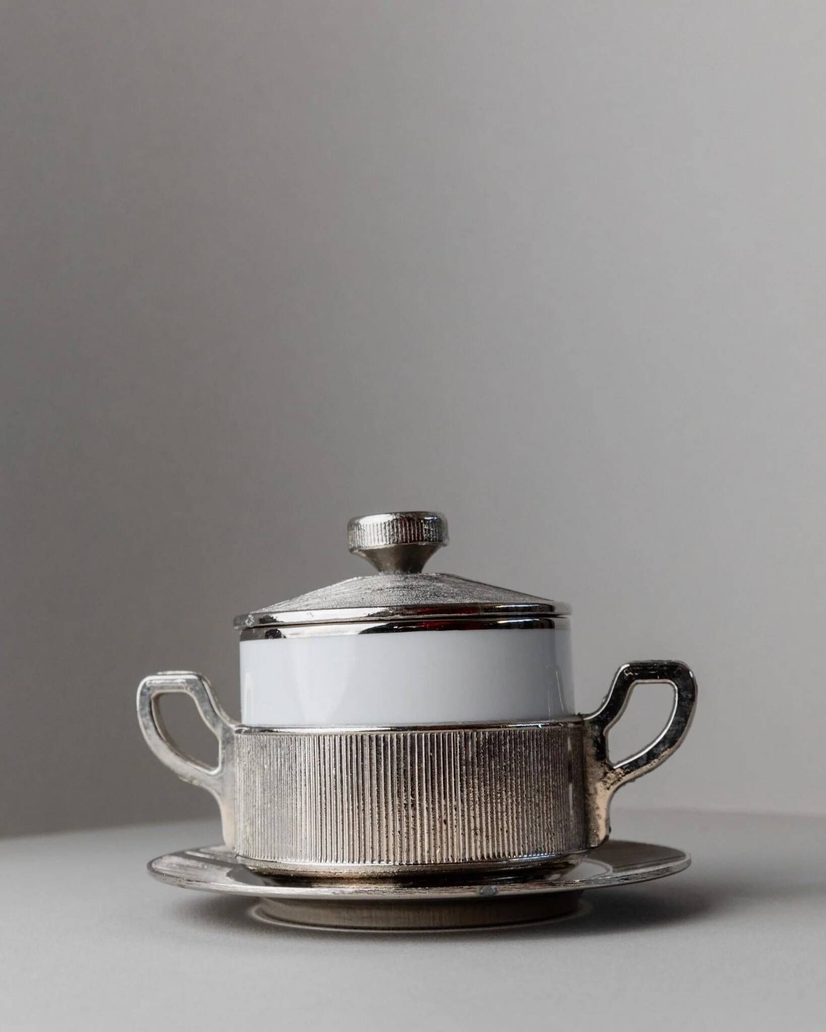 Blanc Porcelaine with Silver-Plated Lid Monopoli Italy 1950s Mid-Century Sugar Jam Bowl