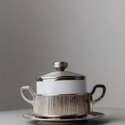 Blanc Porcelaine with Silver-Plated Lid Monopoli Italy 1950s Mid-Century Sugar Jam Bowl