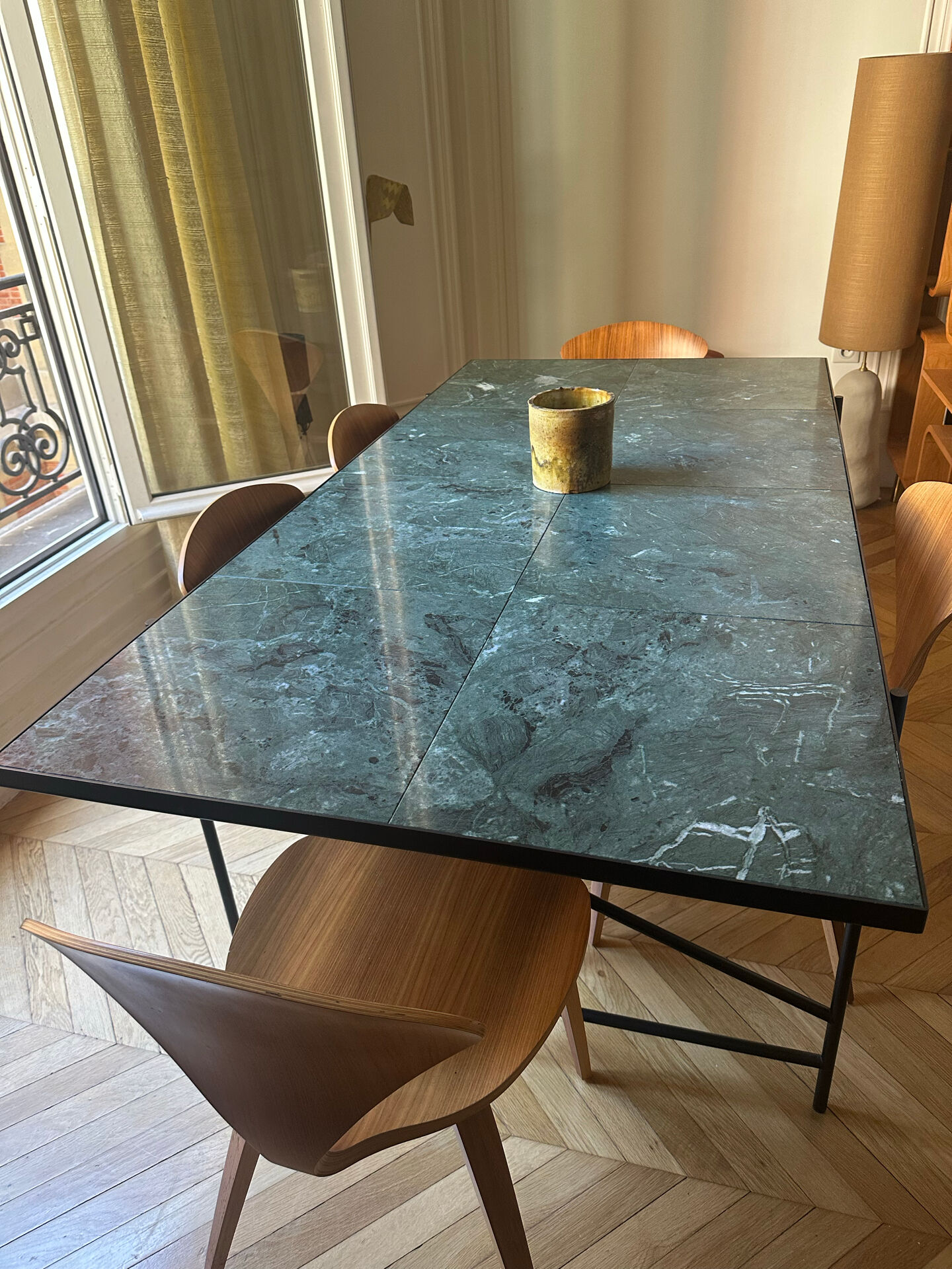 Non-extensible marble green dining table + 6 chairs