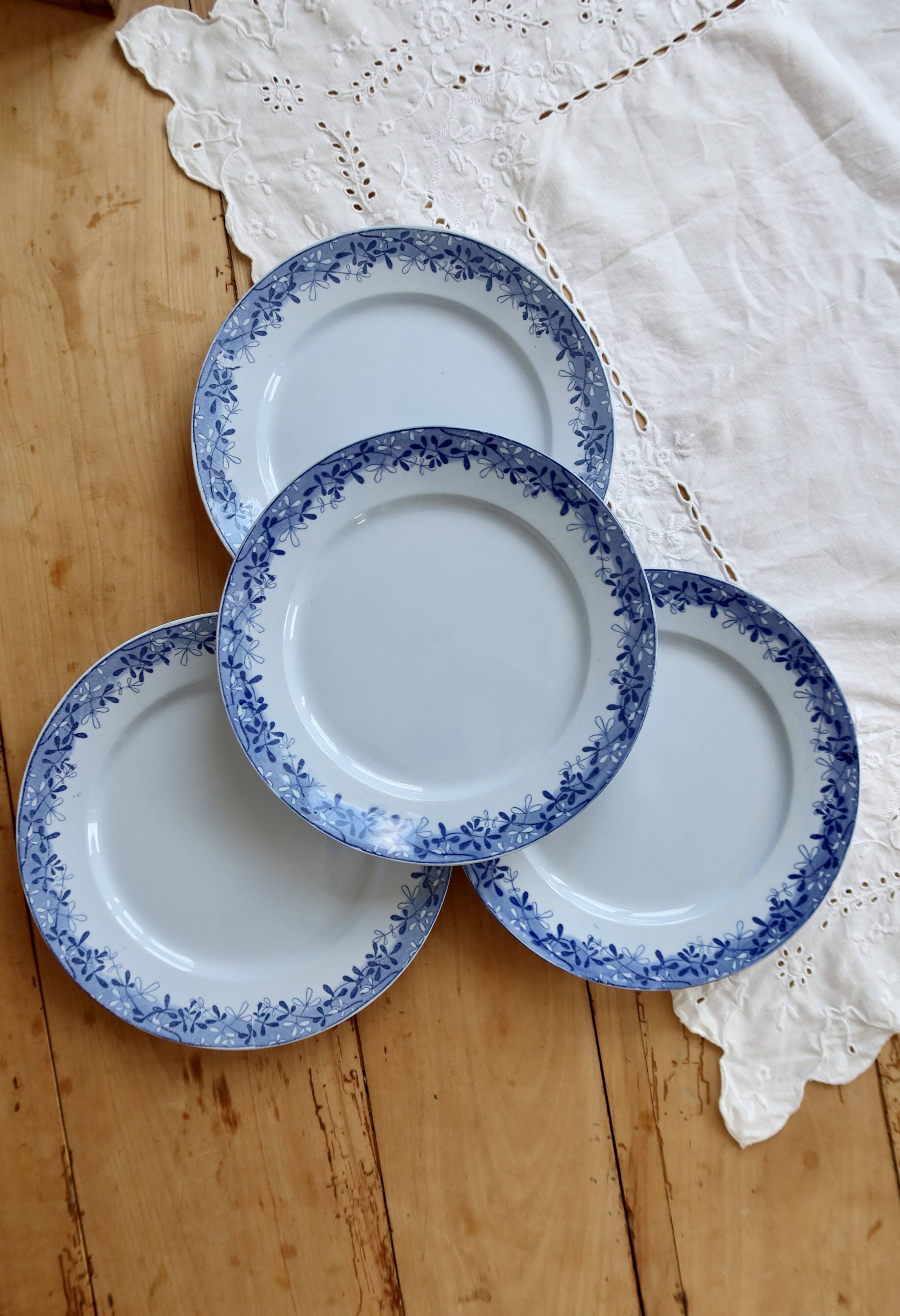 4 antique flat plates from Sarreguemines U&C in the Mimosa blue pattern.