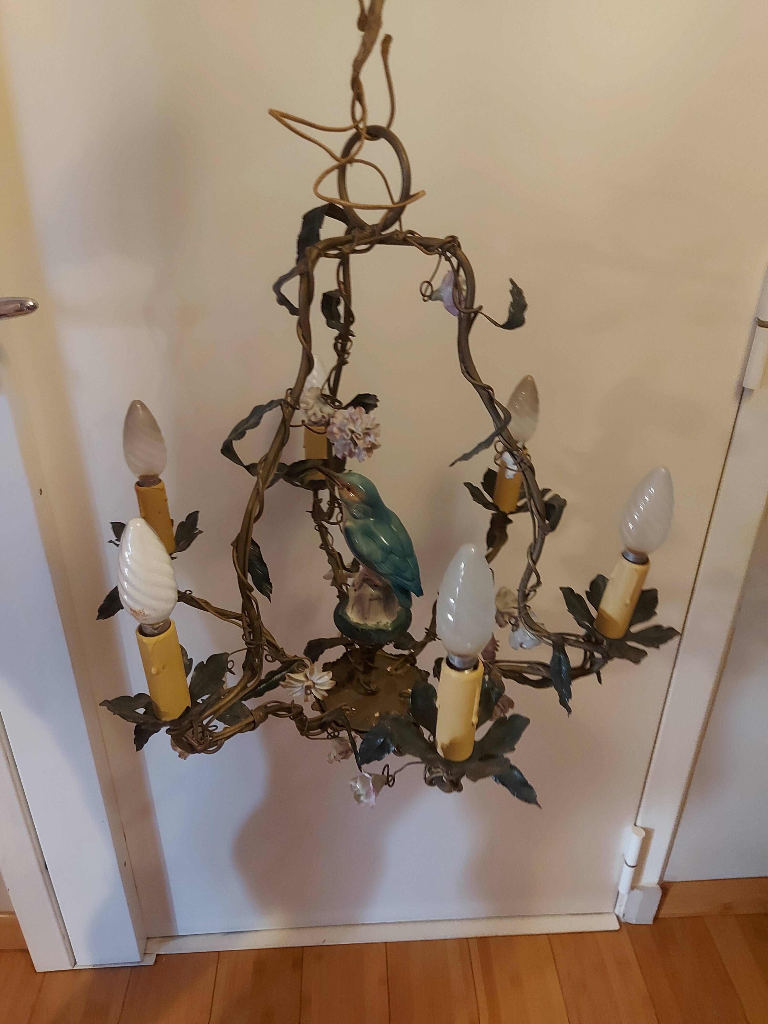 Chandelier cage décor birds and flowers in Meissen porcelain