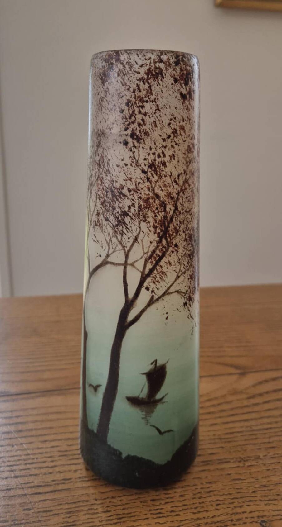 Frosted glass vase, painted Art Deco, signed.