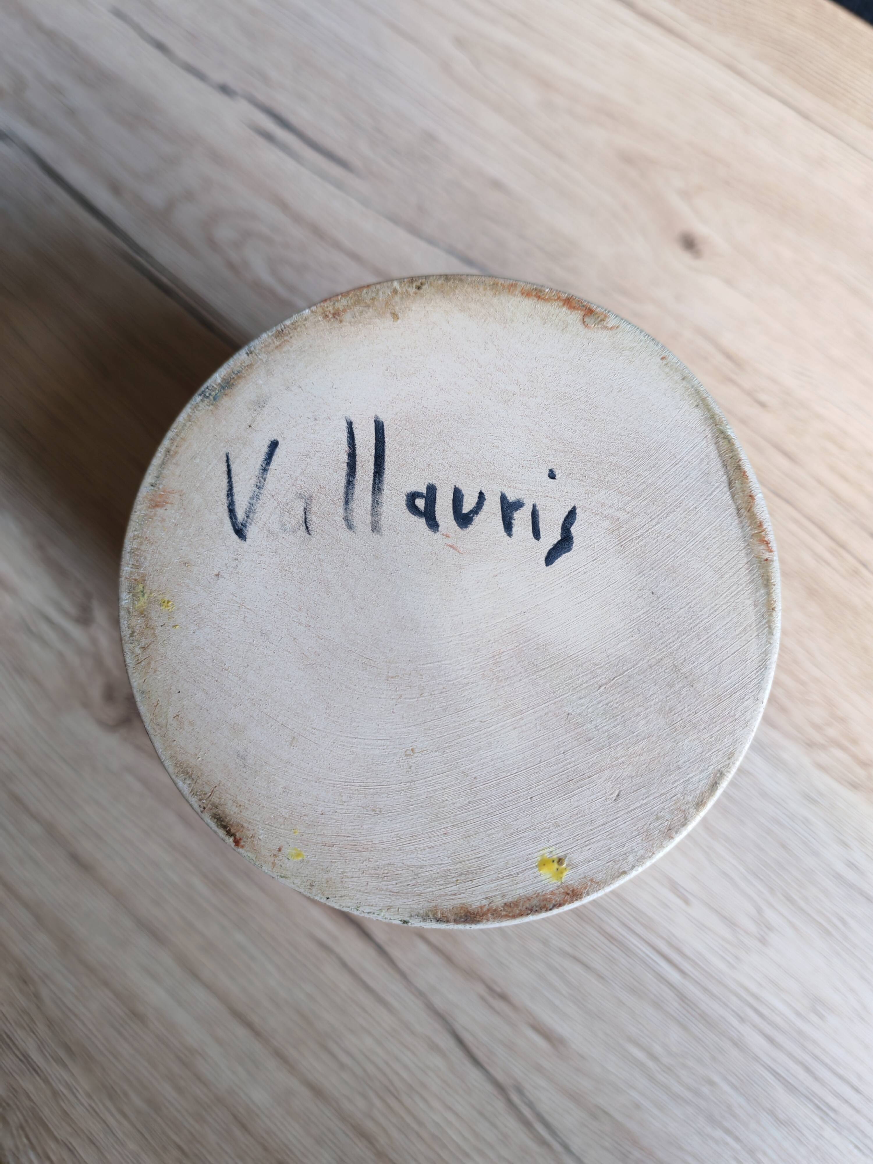 Vintage 1960s Vallauris Yellow Ceramic Vase, Blue Peacock Feather Decor