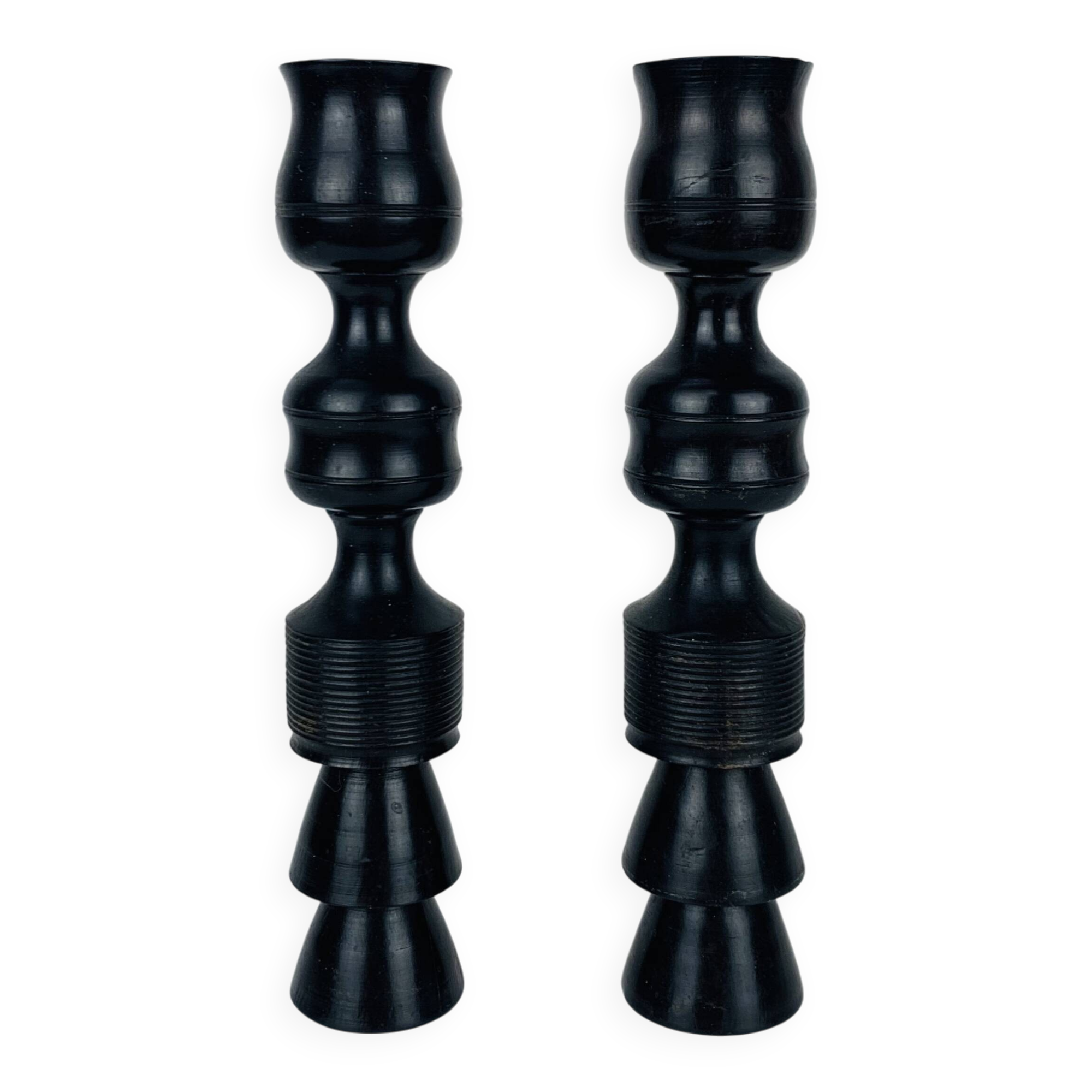 Pair of vintage ethnic blackened wood candlesticks