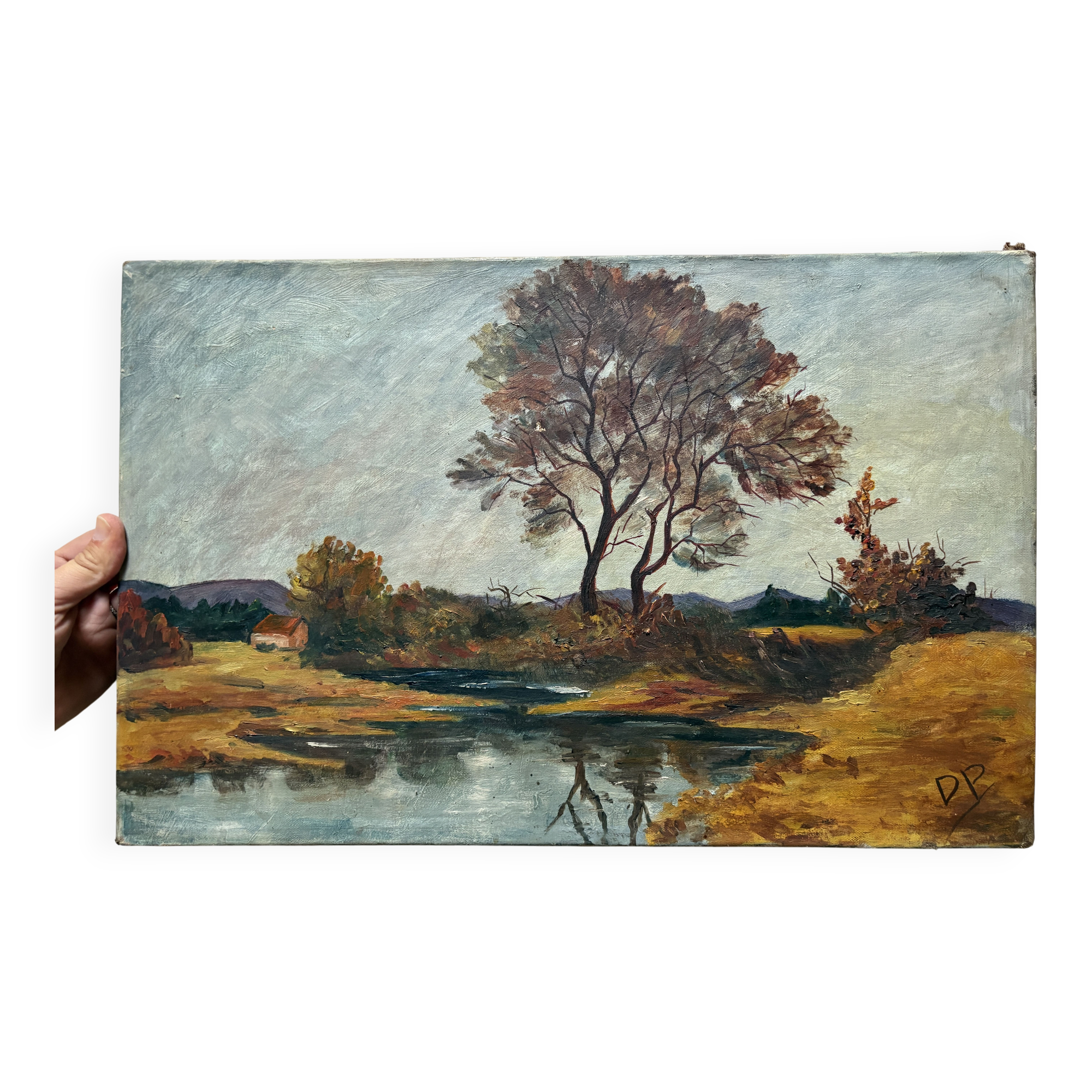 Vintage autumn landscape signed – River and trees – Oil on canvas