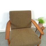 Teak Scandinavische fauteuil met bruin stoffen kussens, stoel 2