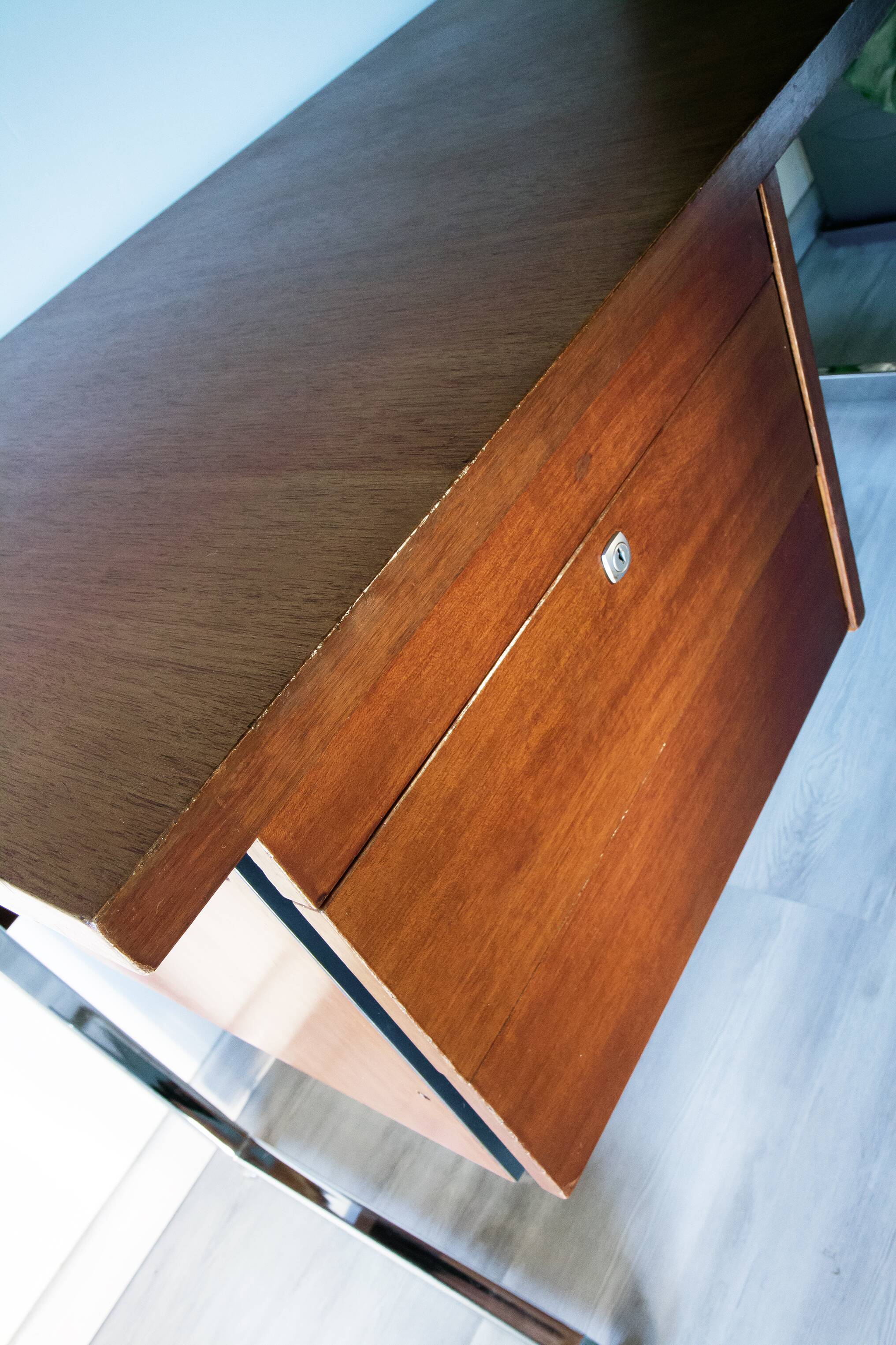 Ordo desk, teak, 1970, chrome cantilever footing