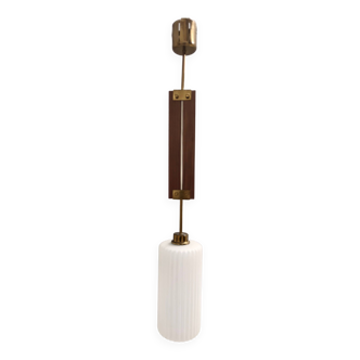 Vintage Glazed Opaline Glass, Teak and Brass Pendant, Italy