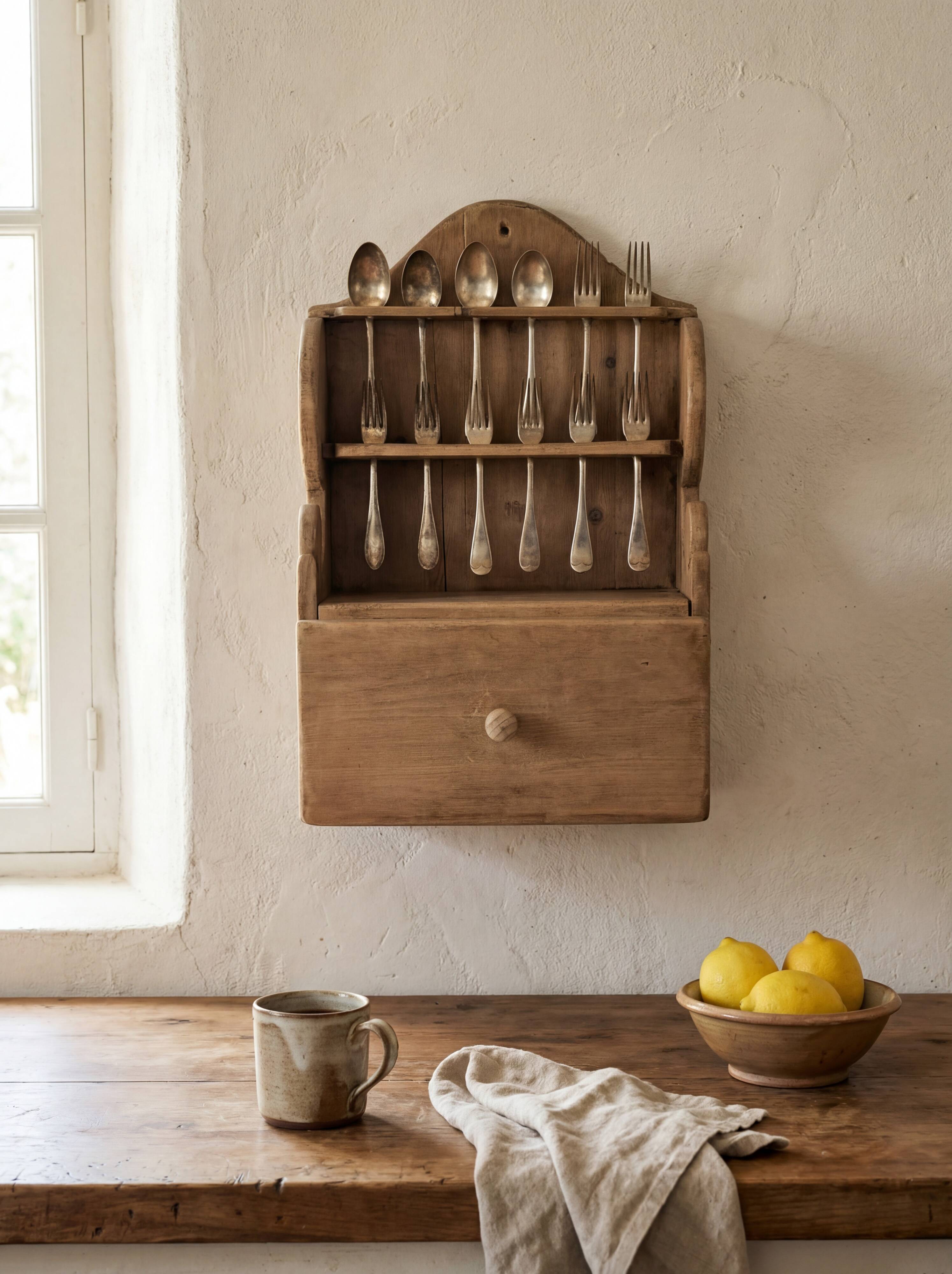 Étagère en pin sculpté à la main, style art populaire, 1 tiroir, 1950