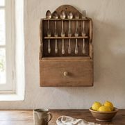 Hand-Carved Folk Art Pine Cutlery Rack with Drawer, 1950s