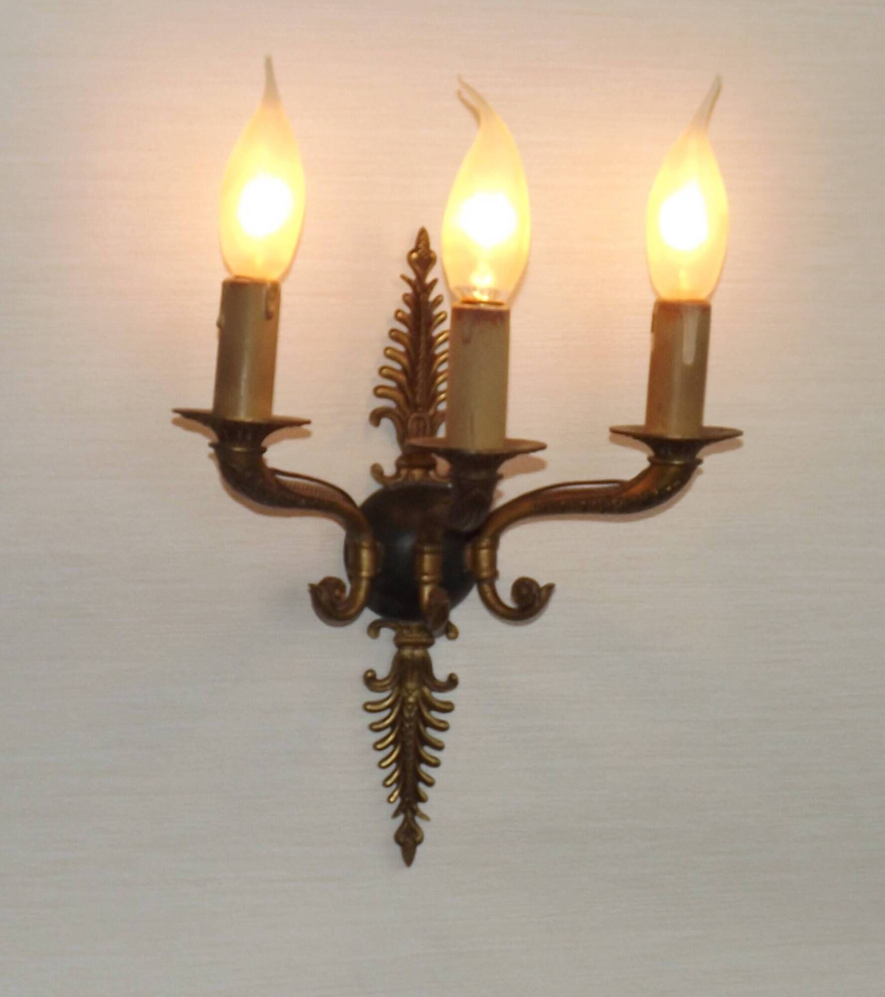 Set of 3 Bronze French Empire Style Triple Light Wall Sconces Neoclassical