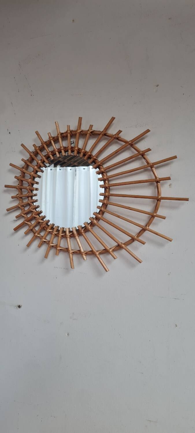 Miroir soleil en rotin 1960