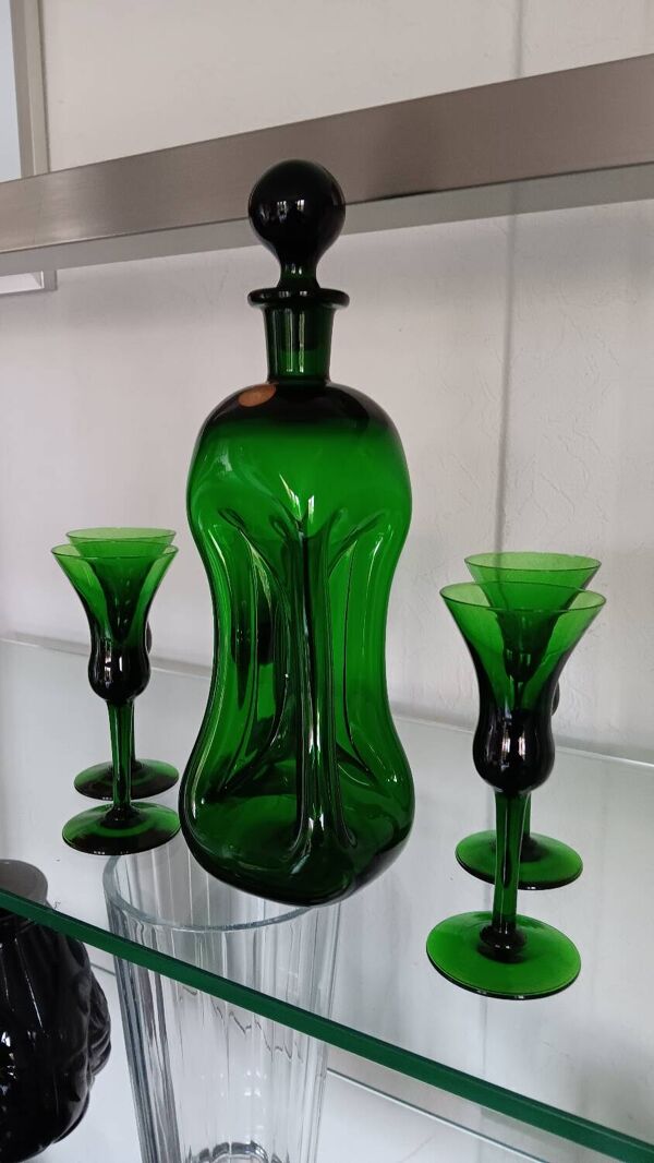 Carafe Kluk Kluk de Jacob E.Bang - Holmegaard et 5 verres à liqueur