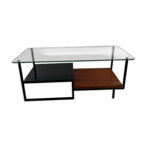 Table basse vintage Georges Frydman verre métal et bois