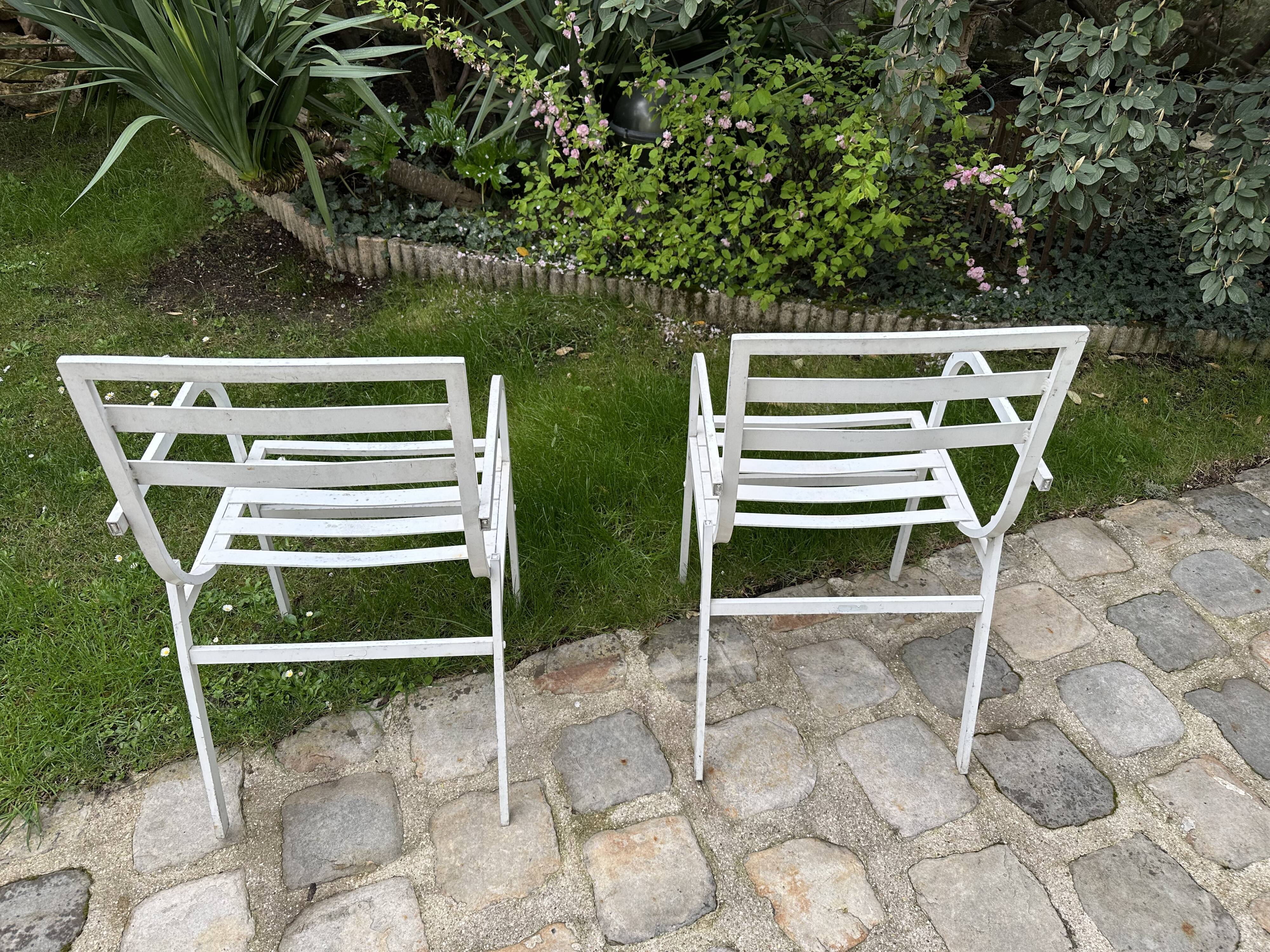 Pair of garden armchairs in white lacquered aluminum - HUGONET