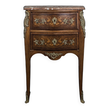 Small jump cabinet in Louis XV style with marquetry and a red marble top.