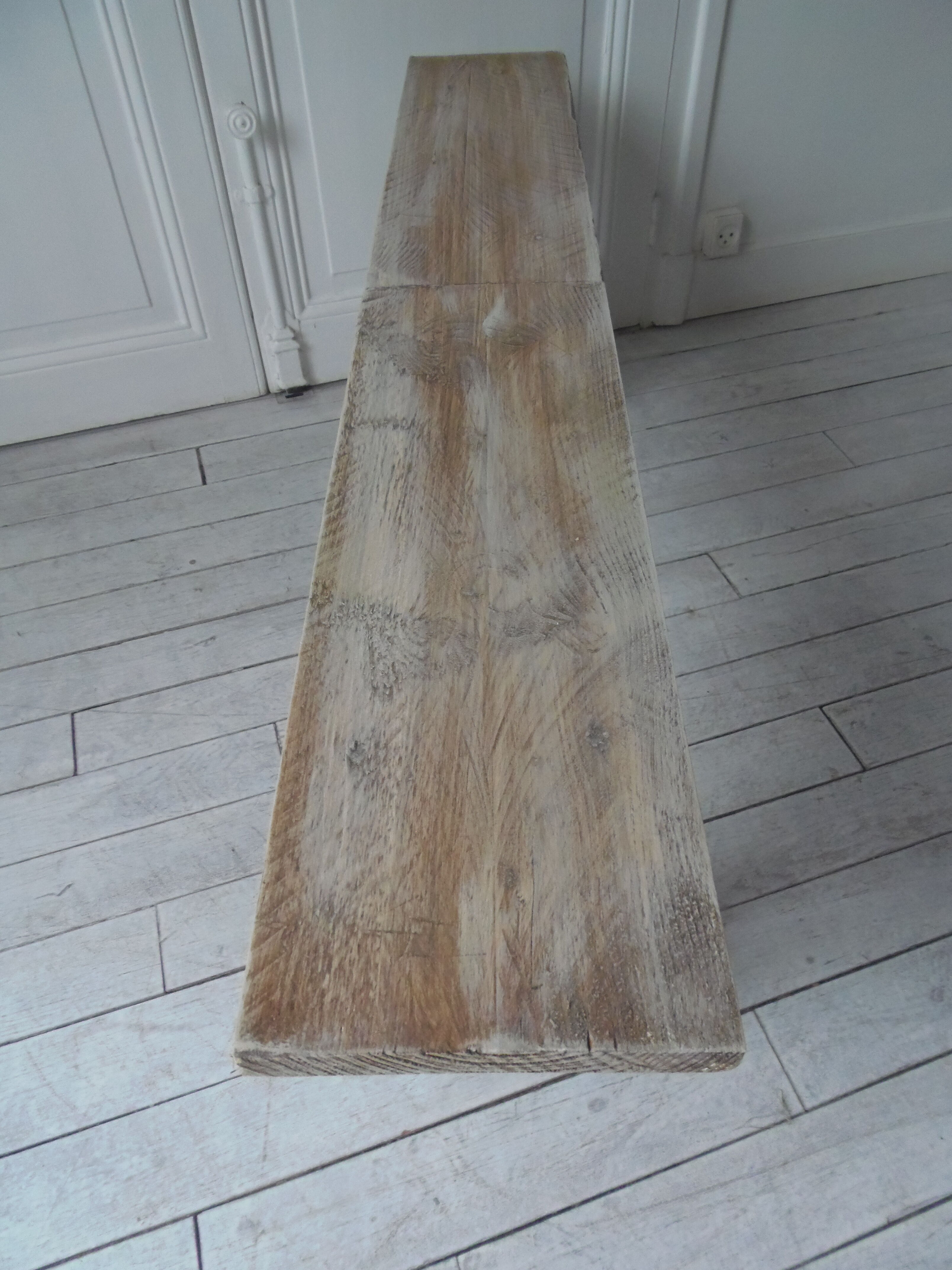 Bench in grey with wheels, bleached wood seating waxed finish